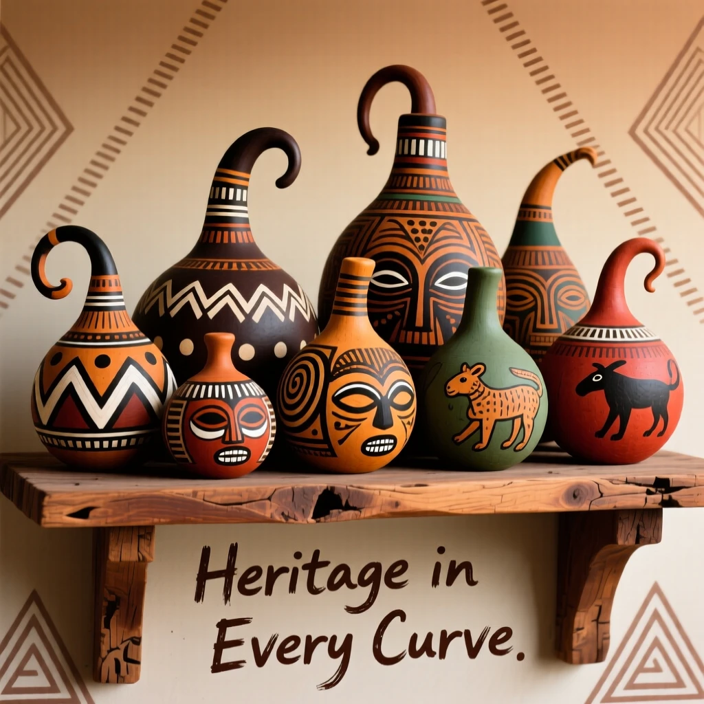 A cluster of painted calabashes arranged on a wooden shelf.