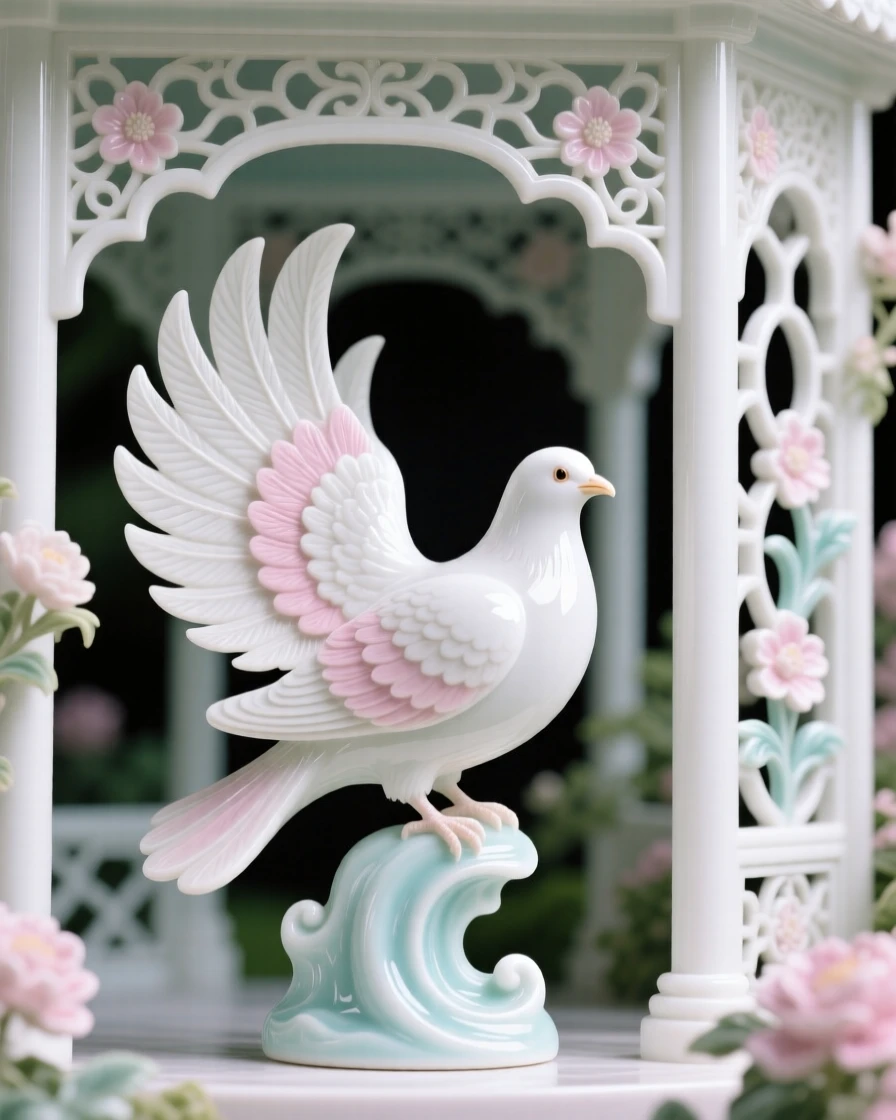 A delicate dove in an ornate garden pavilion, its tail feathers fanned in full display.