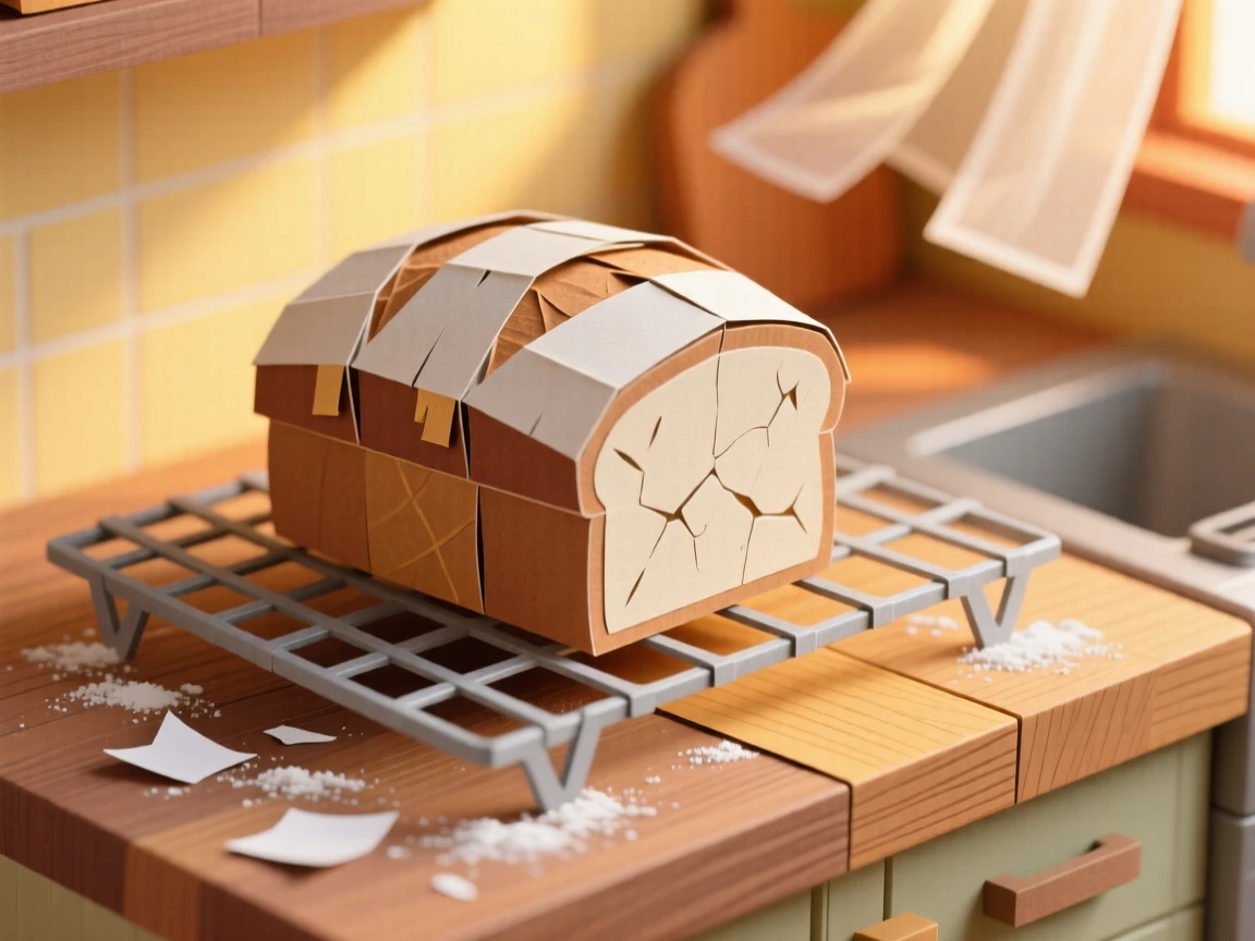 A rustic loaf of freshly baked sourdough bread cooling on a wire rack, flour dusting the wooden counter, warm kitchen light streaming in, evoking homemade comfort.