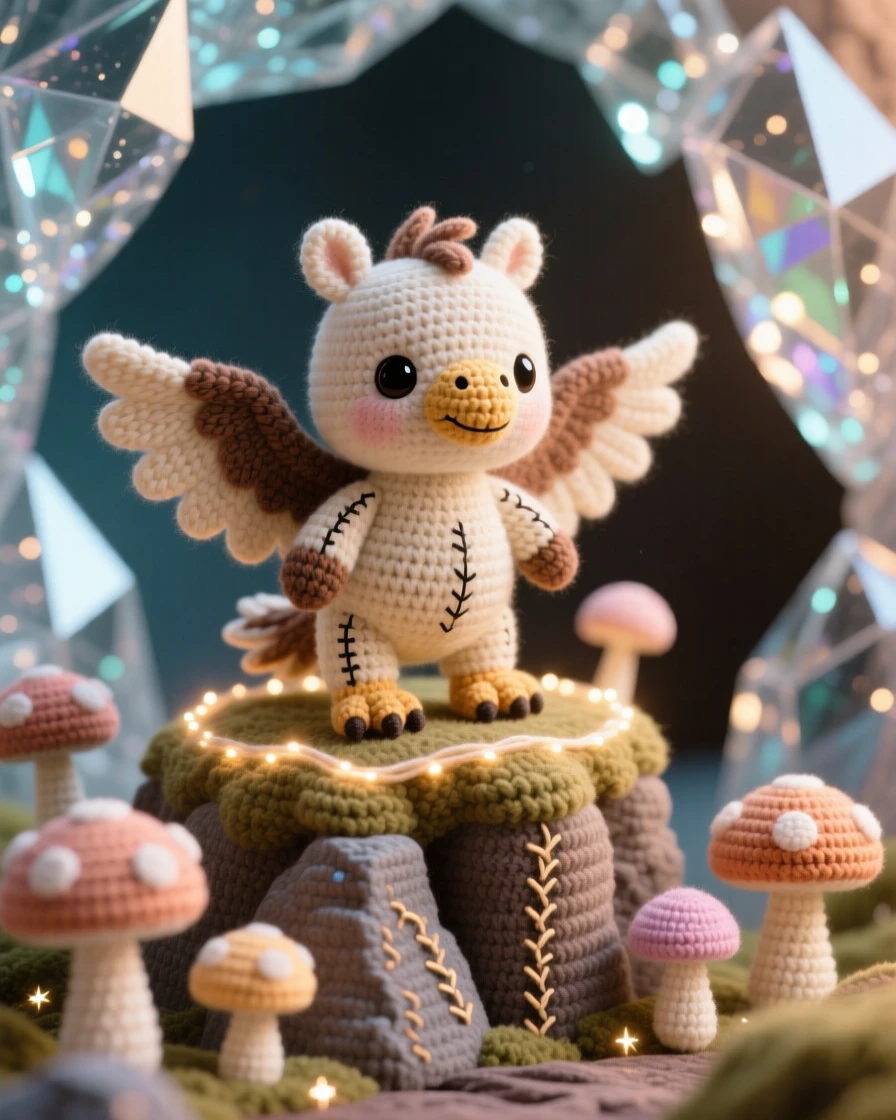 A charming portrait of a small baby hippogriff, with an eagle's wings and a pony's legs, stretching its wings on a cliffside perch beside a ring of softly glowing toadstools in a crystal cave sparkling with soft light, conveying a soft, comforting sense of belonging.