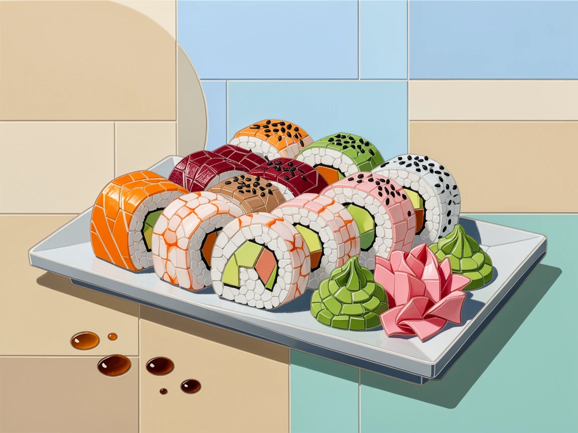 A colorful platter of fresh sushi rolls arranged with wasabi and pickled ginger.