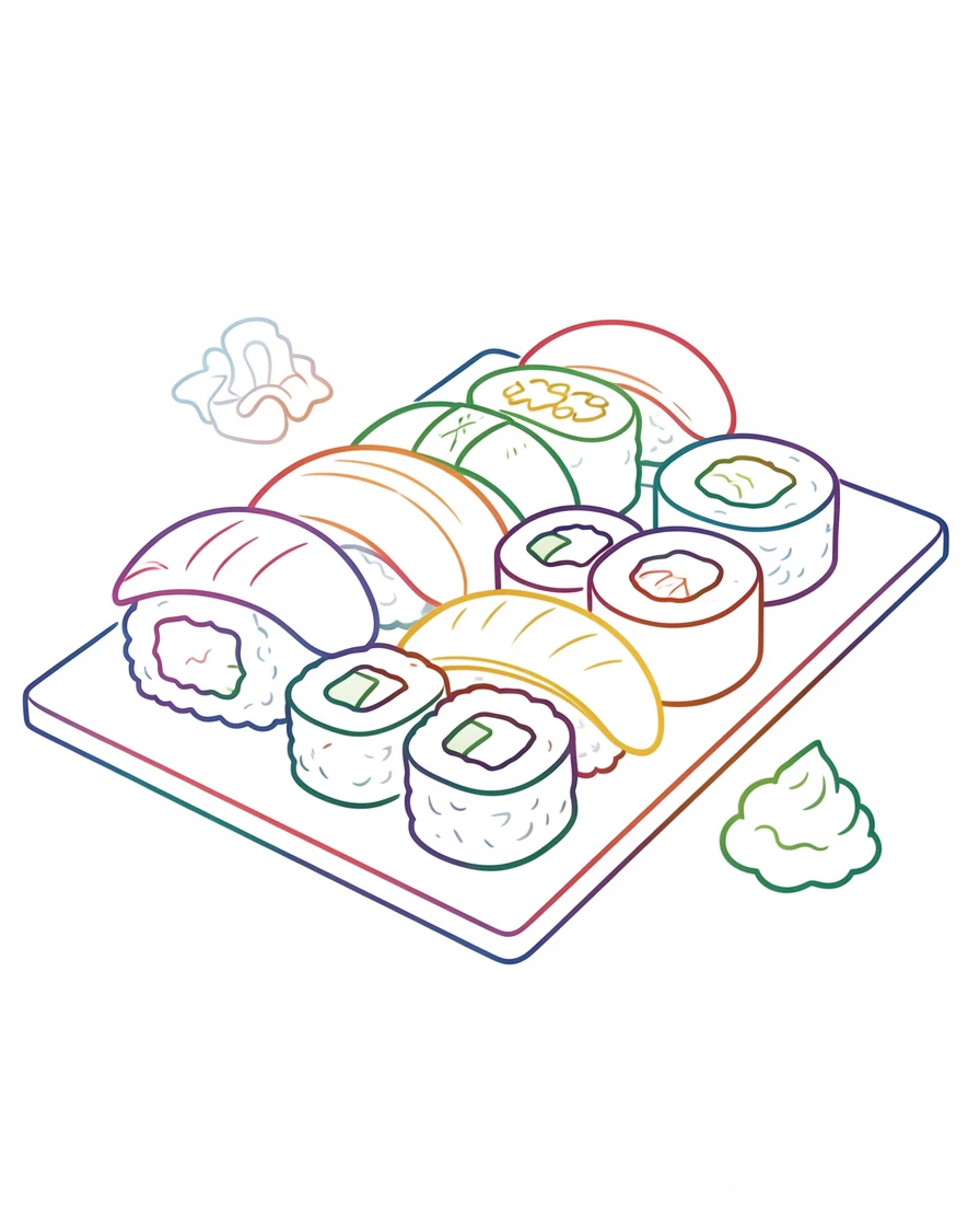 A sushi platter arranged in neat rows with pickled ginger and wasabi.