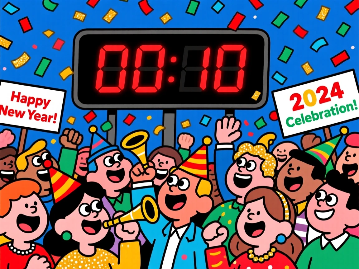 A festive celebration scene of a New Year's Eve countdown with a crowd cheering under a shower of confetti.