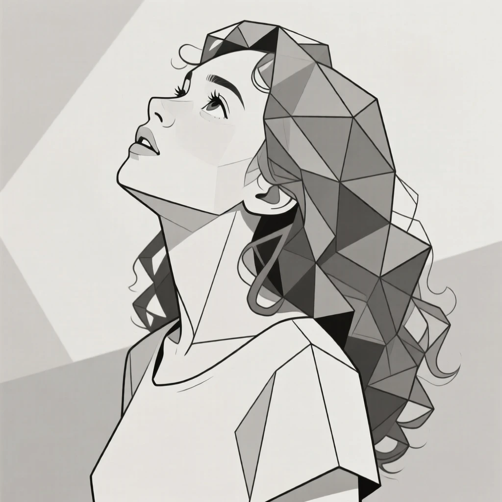 A young woman with flowing curly hair looking upward