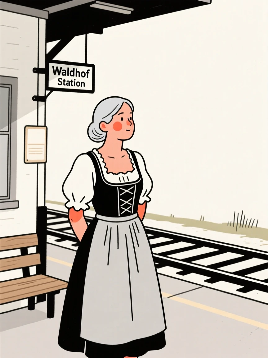 A silver-haired woman of Mexican heritage wearing a Bavarian dirndl, glowing with nostalgia, at a rural train station.