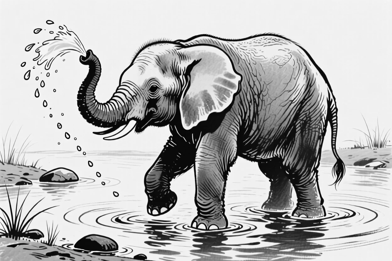 A baby elephant playfully spraying water with its trunk in a river.