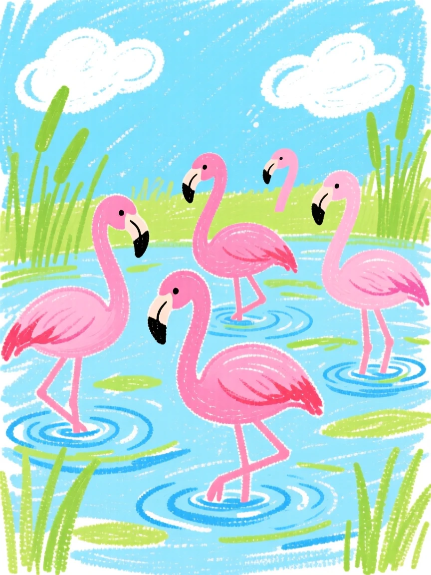 A flock of pink flamingos wading through a shallow lagoon.