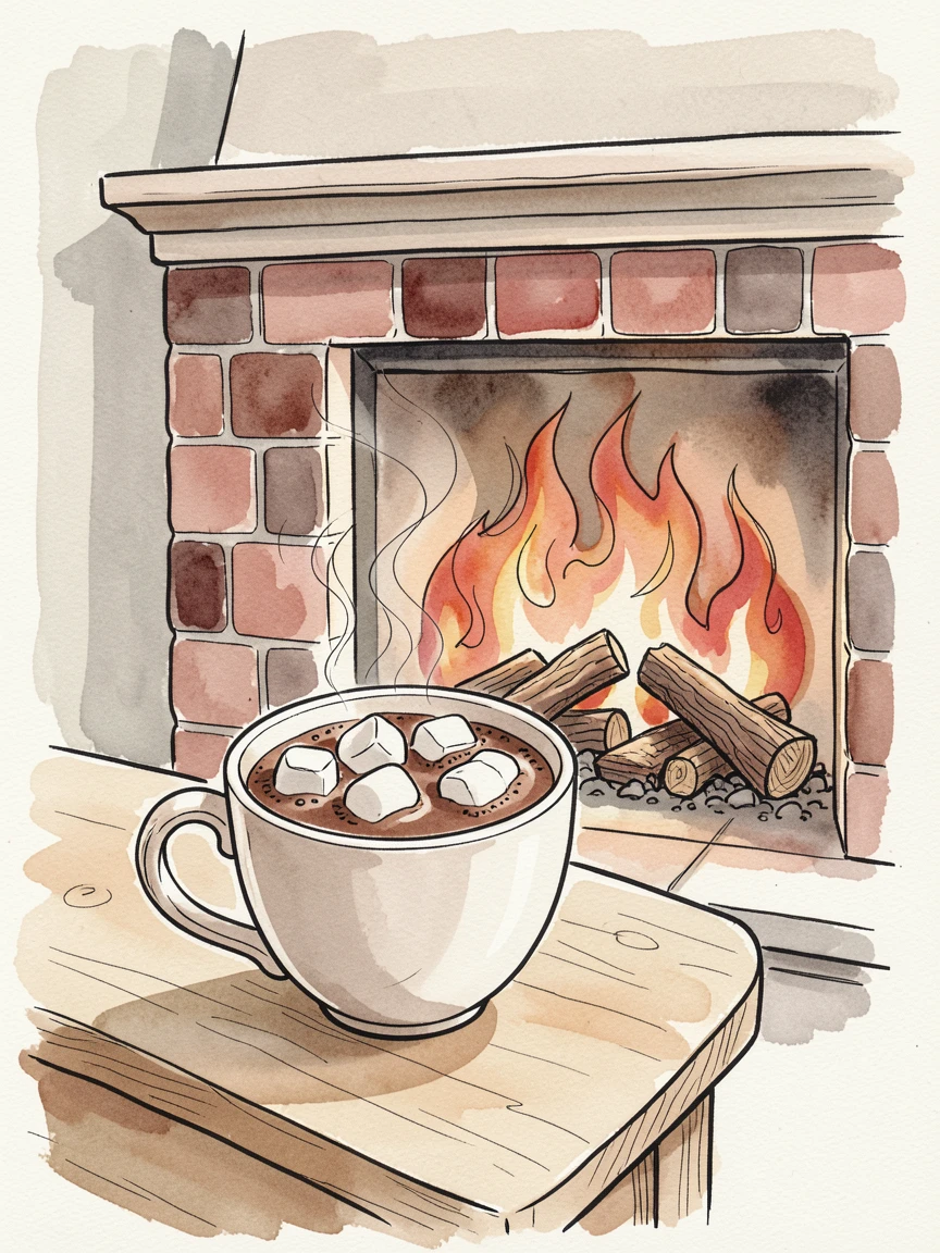 A cup of hot chocolate topped with marshmallows beside a crackling fireplace
