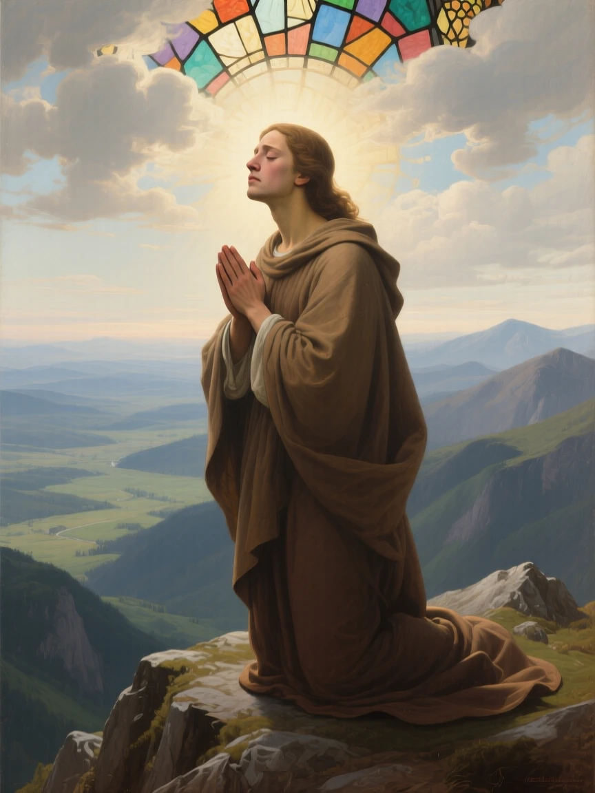 A grieving figure finding solace in a quiet moment of prayer in a moment of profound spiritual clarity, set atop a remote mountain overlooking an endless valley, with soft, radiant light breaking gently through clouds or stained glass; a low, humble viewpoint elevates the sacred over the everyday, suggesting the enduring comfort of belief and community.