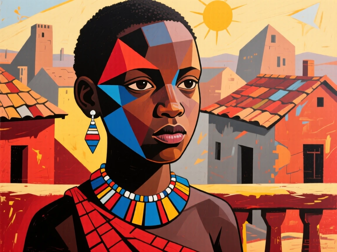 A close-up portrait of a teenage girl of Maasai heritage, radiating calm confidence, on a sunlit balcony overlooking rooftops.