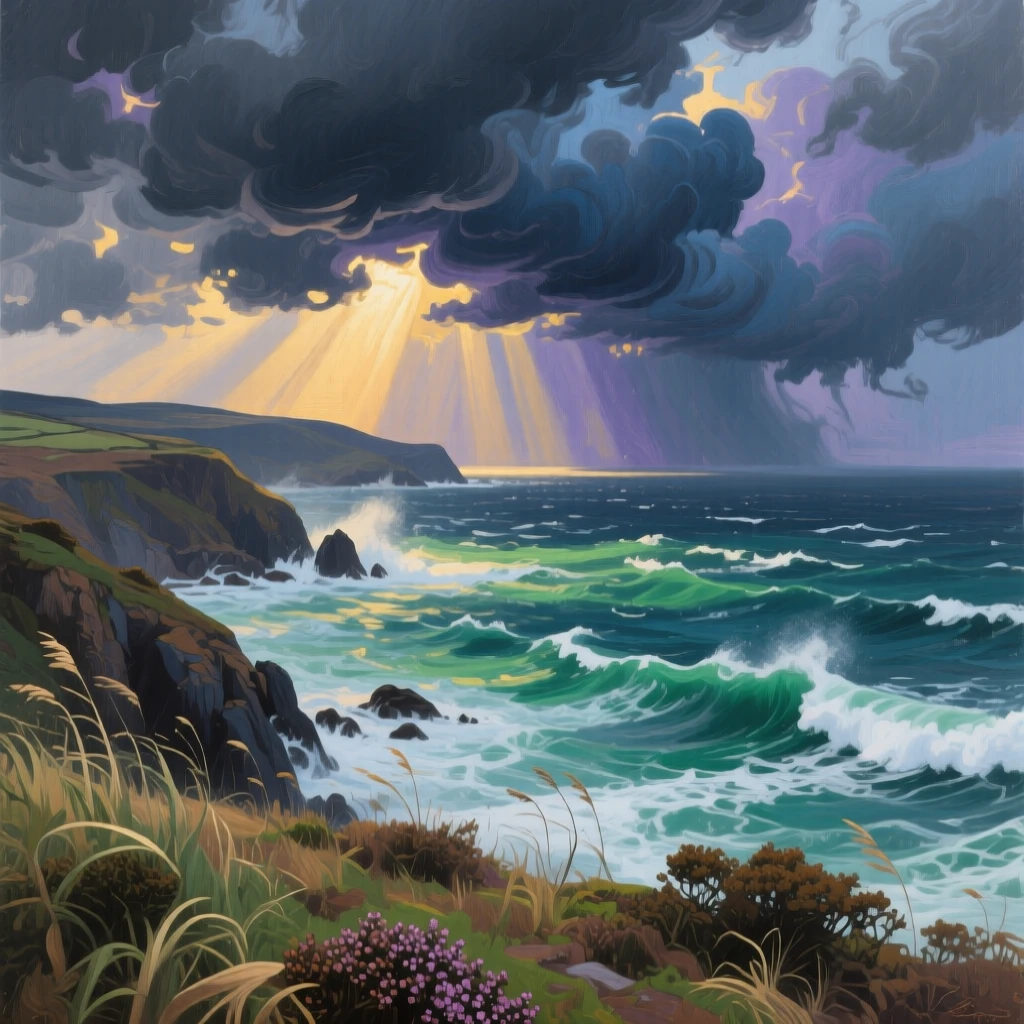A moody storm system rolls across the ocean off the coast of Cornwall, shafts of sunlight breaking through the clouds to spotlight patches of churning sea, as a light breeze stirs the surrounding vegetation and carries the scent of damp earth.