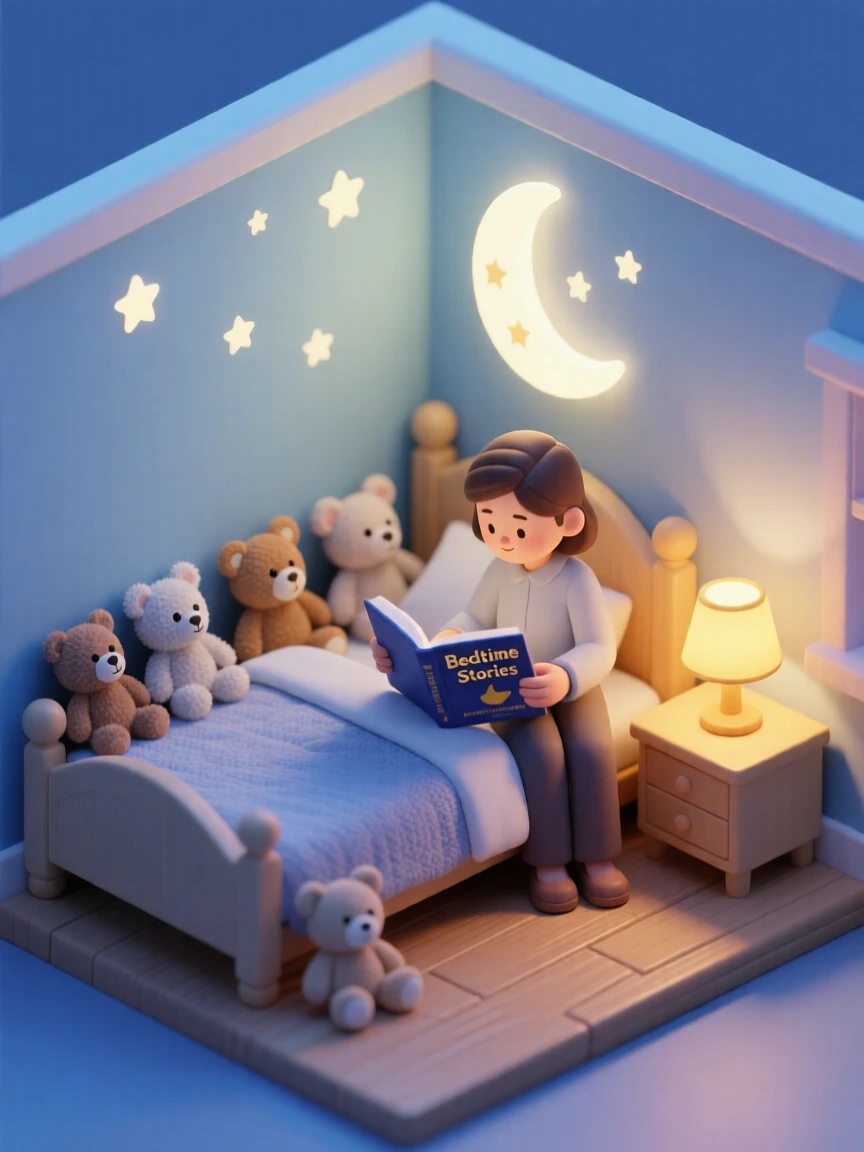 A children's bedtime story scene with a parent reading by lamplight, stuffed animals lined up on the bed, and a night light casting stars on the ceiling.