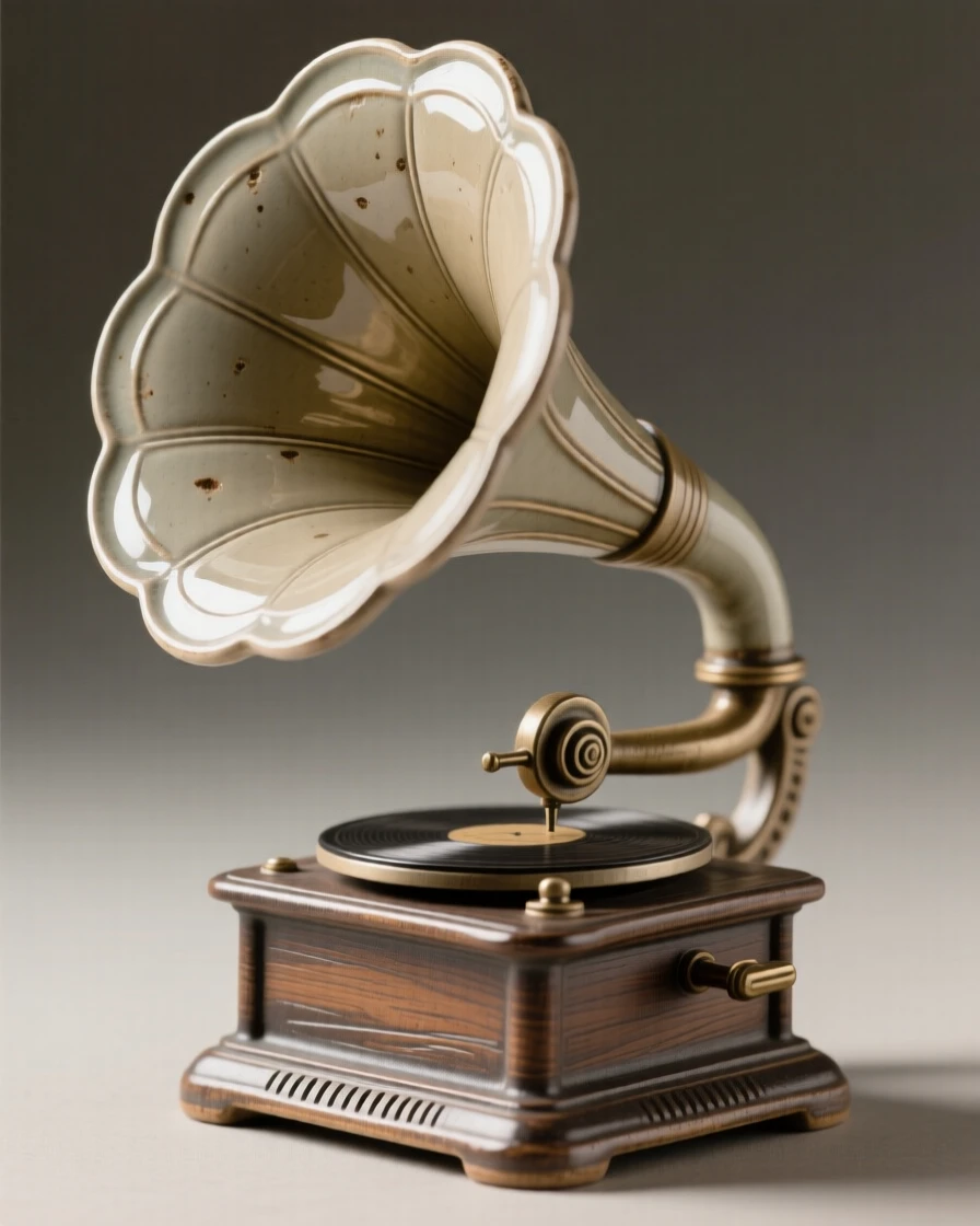 A vintage gramophone with its horn flared wide captured mid-use in a nostalgic tableau, with fine details catching every glimmer of light, evoking nostalgia and quiet charm.