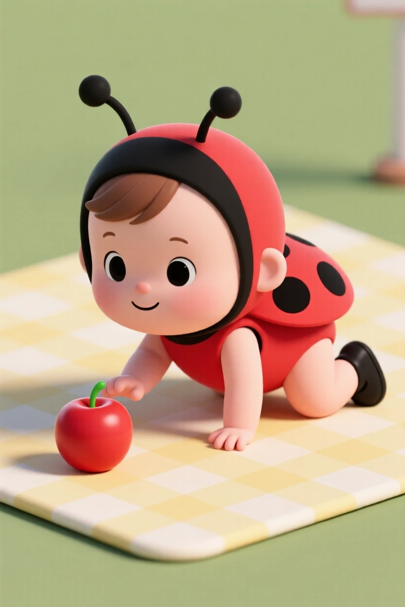 A baby girl in a ladybug costume crawls across a picnic blanket, reaching toward a bright red apple.