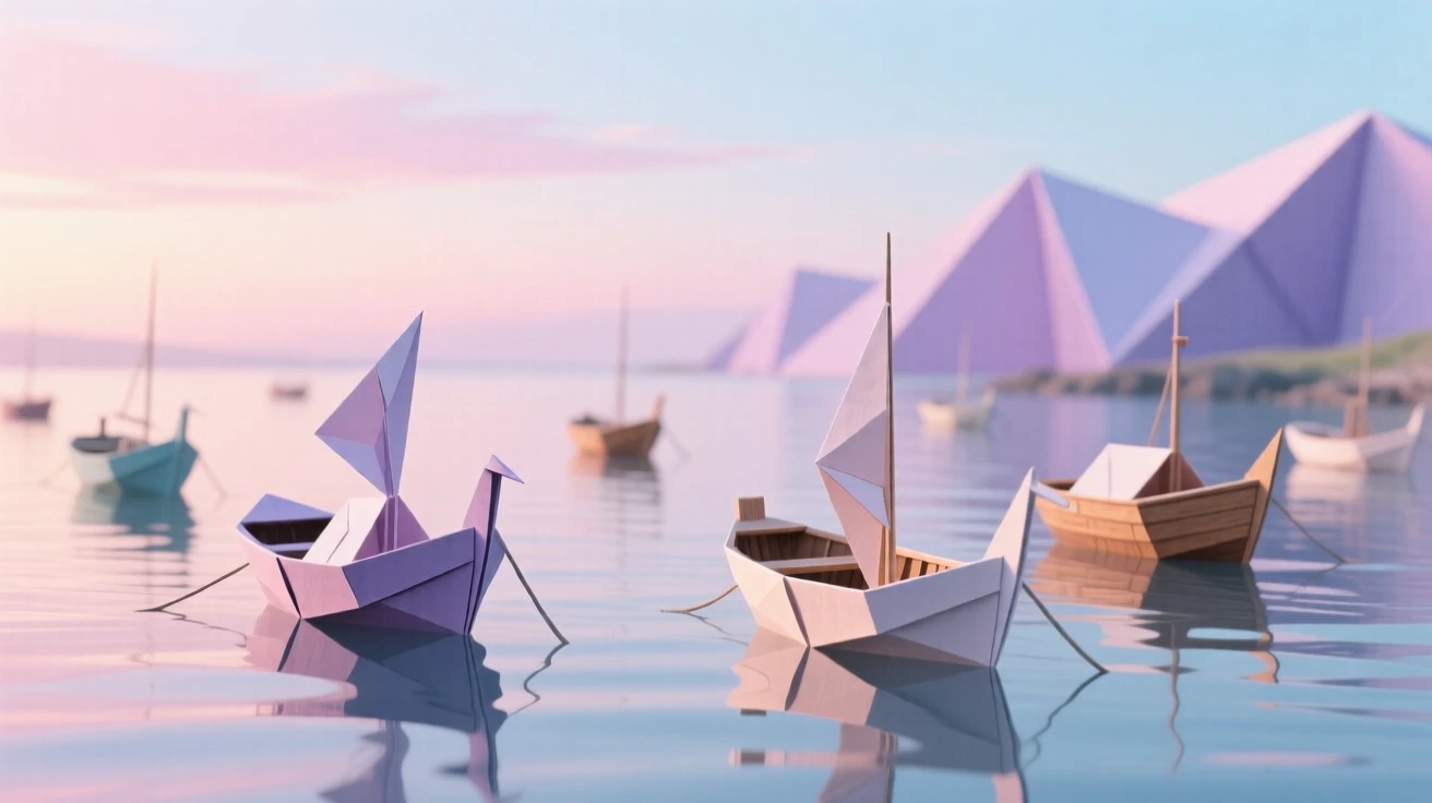 A tranquil bay dotted with small fishing boats at anchor under a pastel morning sky.