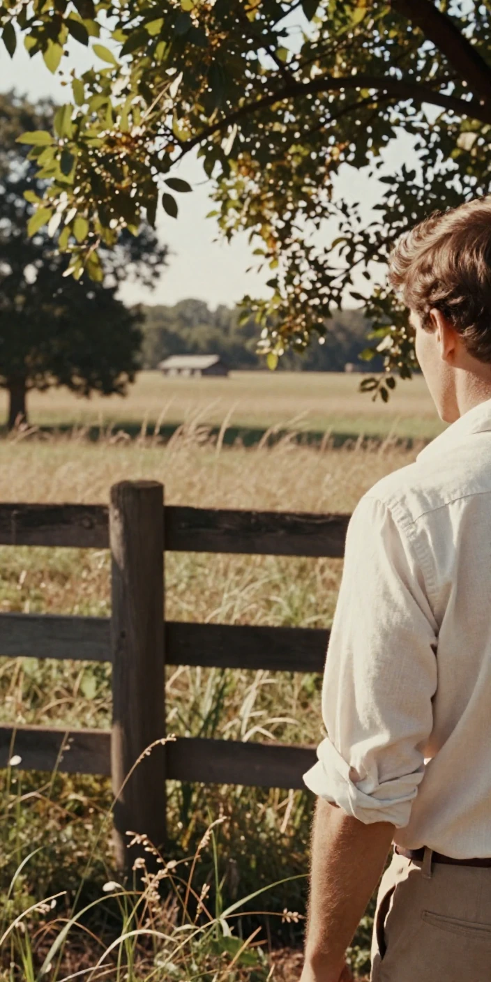 A rustic wooden fence bordering a quiet pasture, in dappled light filtering through leaves, with a soft breeze stirring the air, in the height of summer, in warm honey and cream tones, over the shoulder of the main subject.