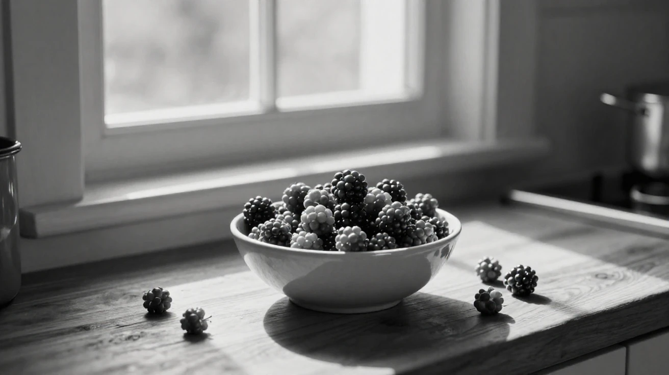 A bowl of fresh berries glistens under the morning light beside a sunny kitchen window.
