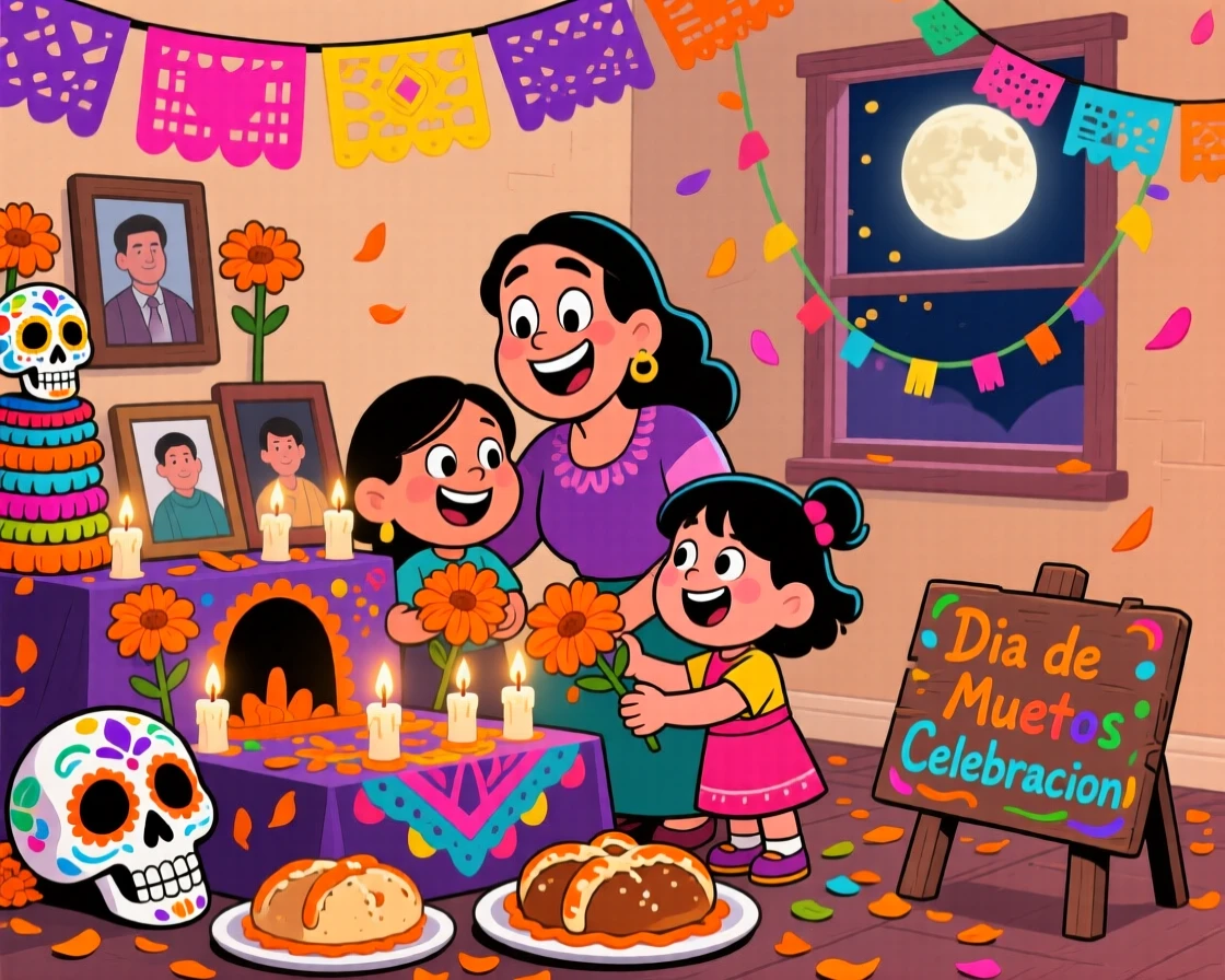 A festive celebration scene of a Day of the Dead celebration with a family decorating an altar with marigolds and candles.