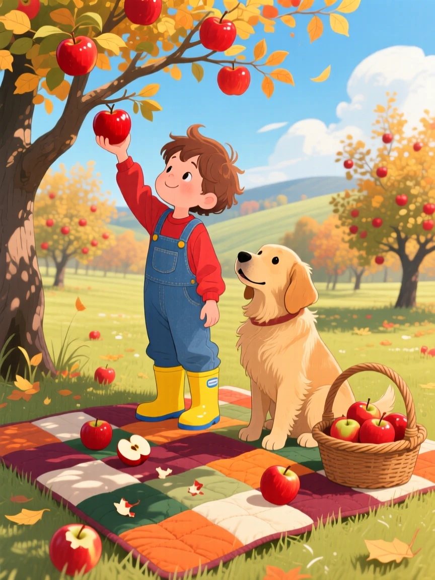 With a beloved family dog close by, a boy in rain boots is picking apples in an orchard, with a homemade quilt spread beneath them.