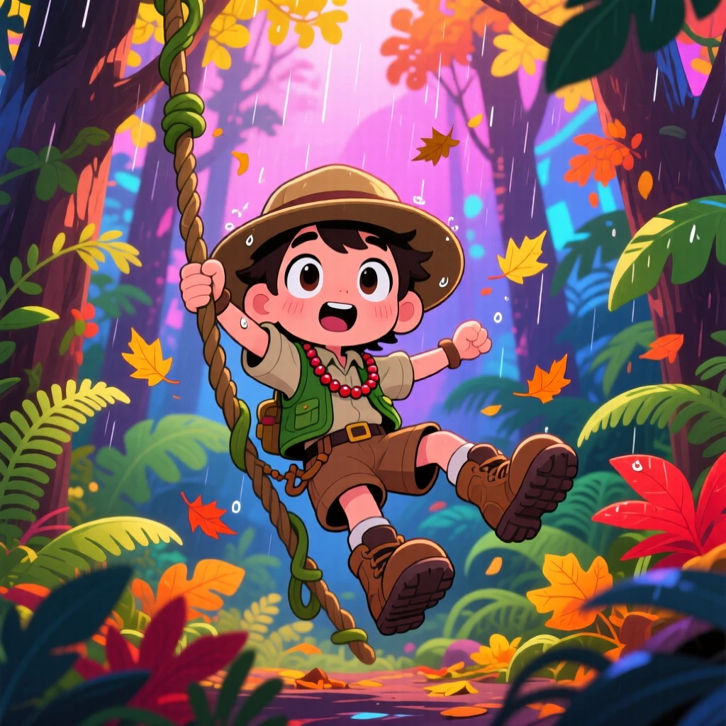 A jungle guide swinging from a sturdy vine between trees, framed as a medium shot within a dense green rainforest, during golden autumn harvest season, glowing under neon-lit glow, evoking wide-eyed wonder.
