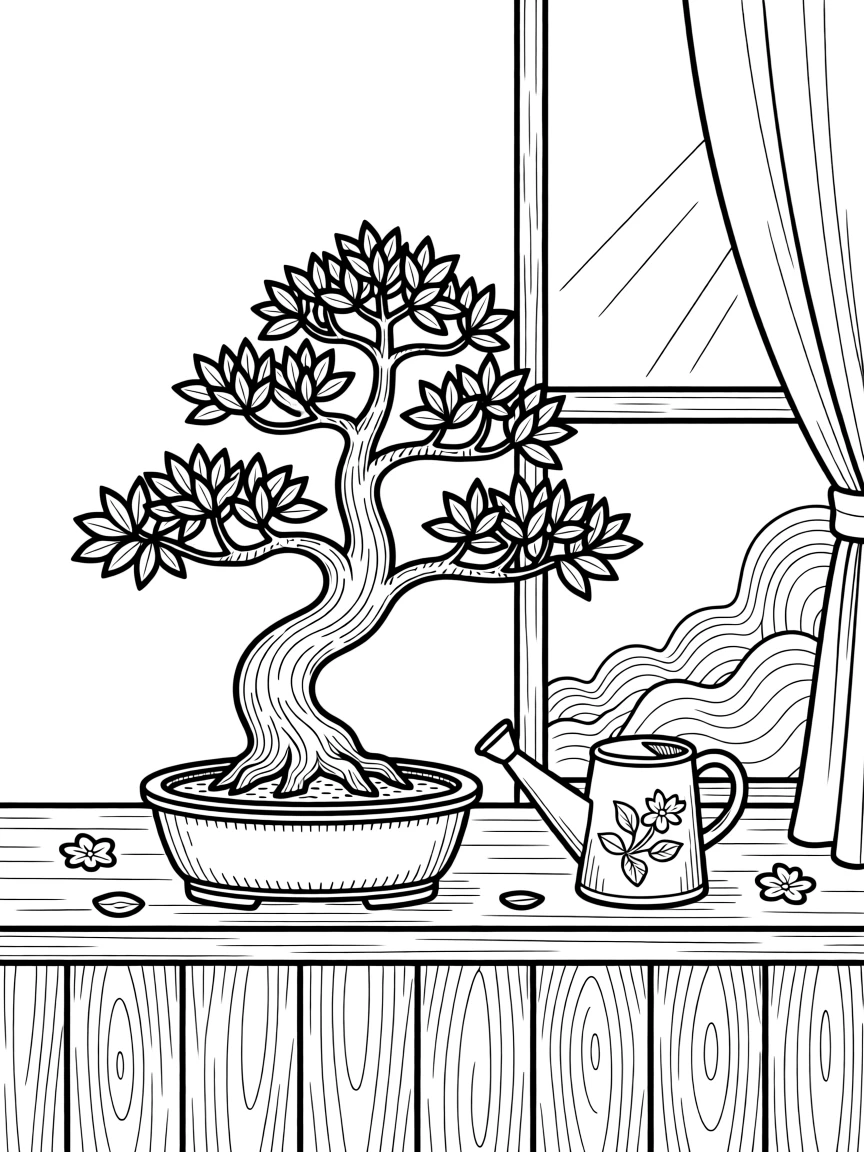 A bonsai tree on a wooden windowsill, with soft morning light filtering through the leaves.