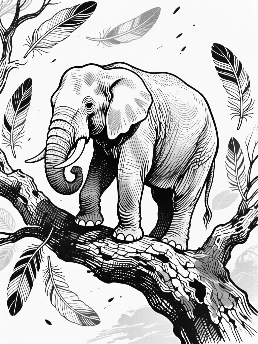 A gentle elephant atop a weathered tree branch, feathers fanned in fine detail, capturing a joyfully alive moment in nature with a strong, centered focal point.