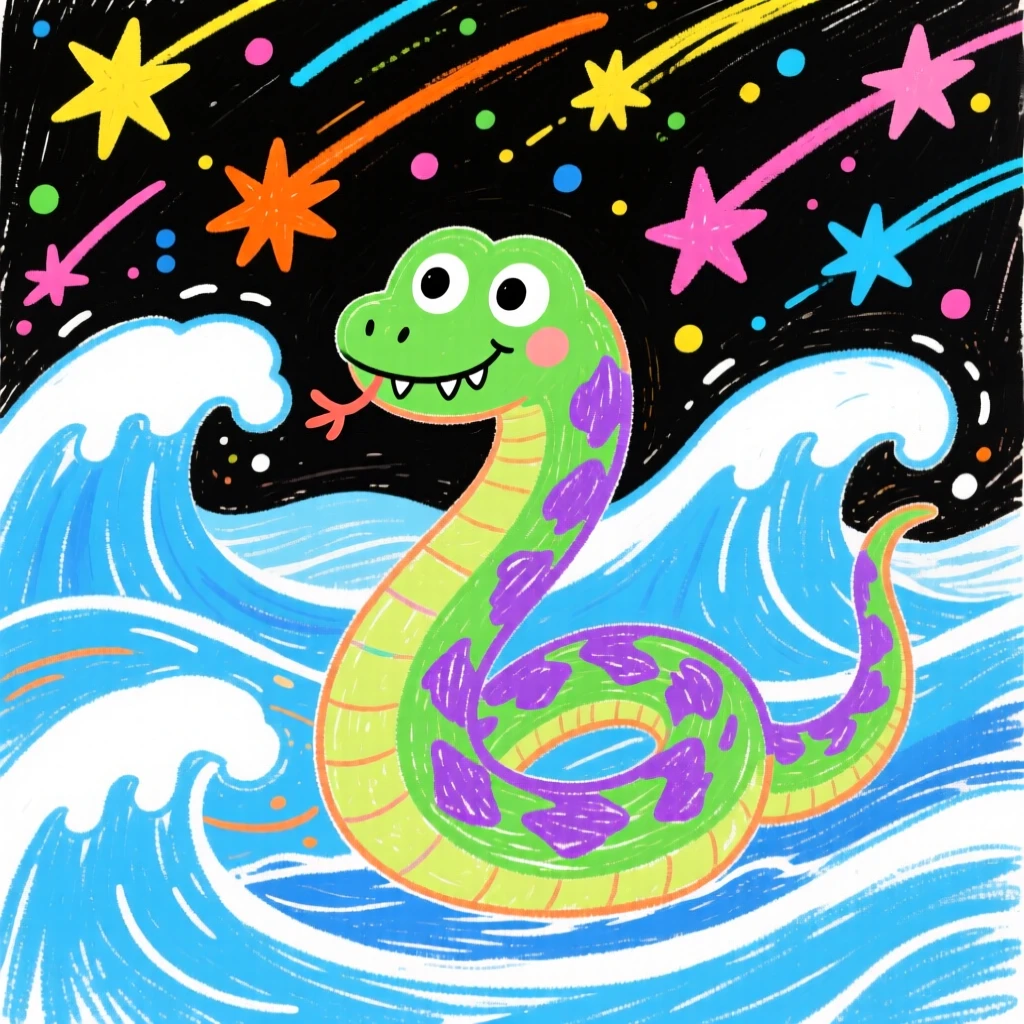 A friendly sea serpent curling through waves beneath a sky full of shooting stars.