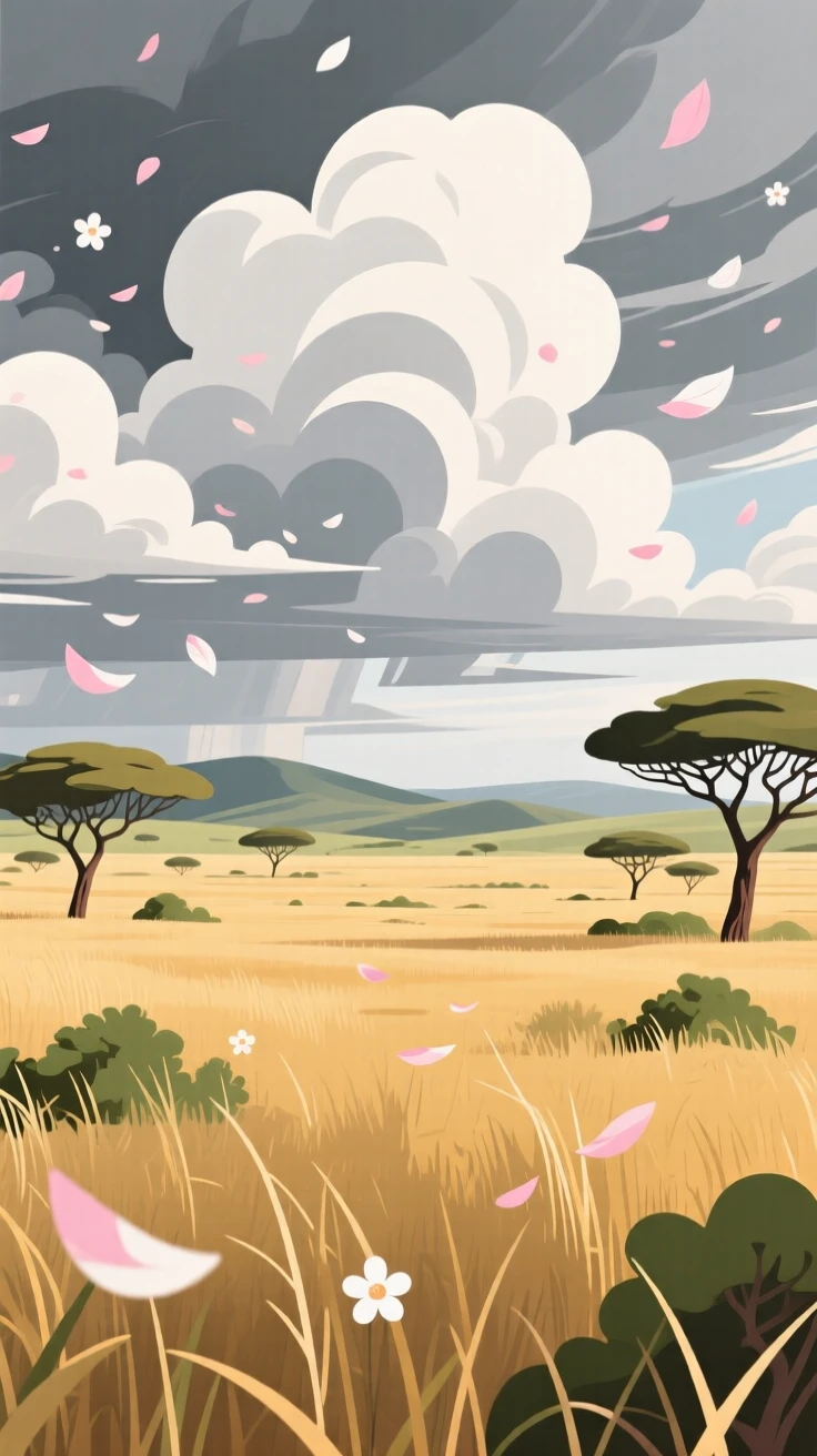 A wide-open savanna under a dramatic cloud-filled sky, surrounded by drifting petals in the breeze, framed with a wide sweeping panoramic view, with a fresh, crisp clarity that highlights every detail.