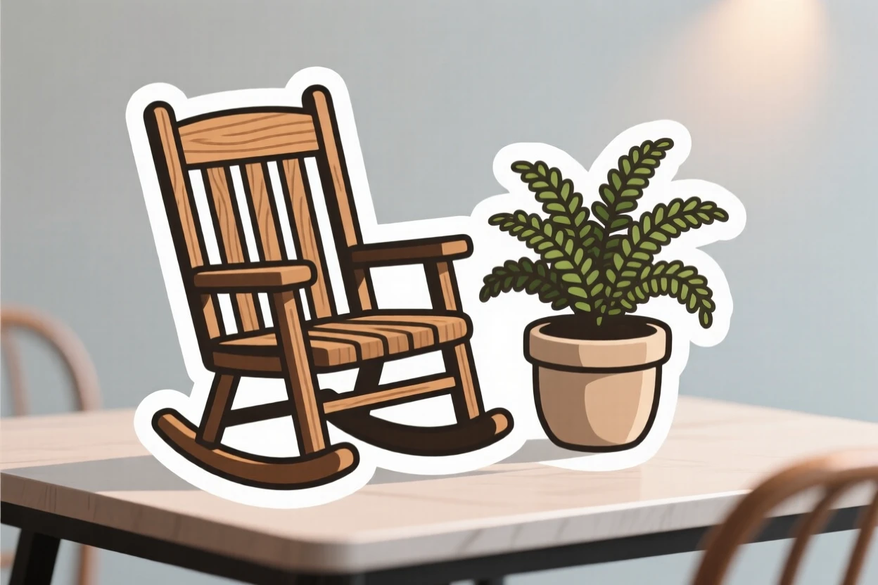 A comforting wooden rocking chair, displayed next to a small potted fern, on a café table with soft ambient light.