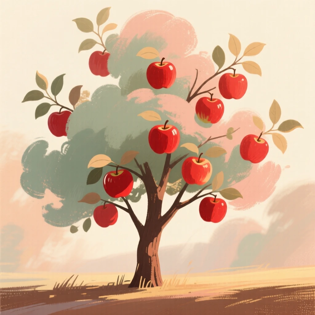 A single apple tree heavy with ripe red fruit