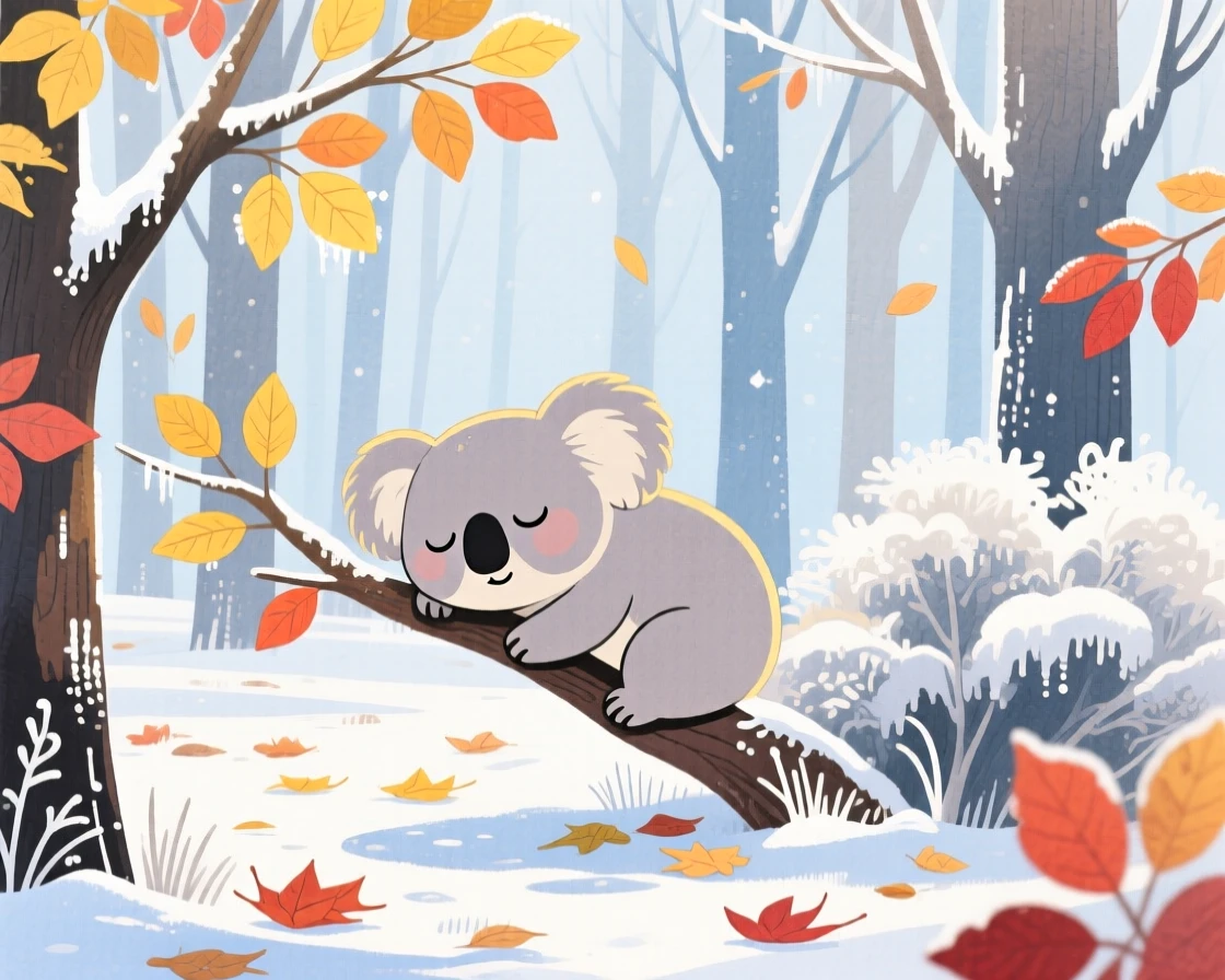 A sleepy koala exploring a frosty winter forest on a crisp autumn afternoon.
