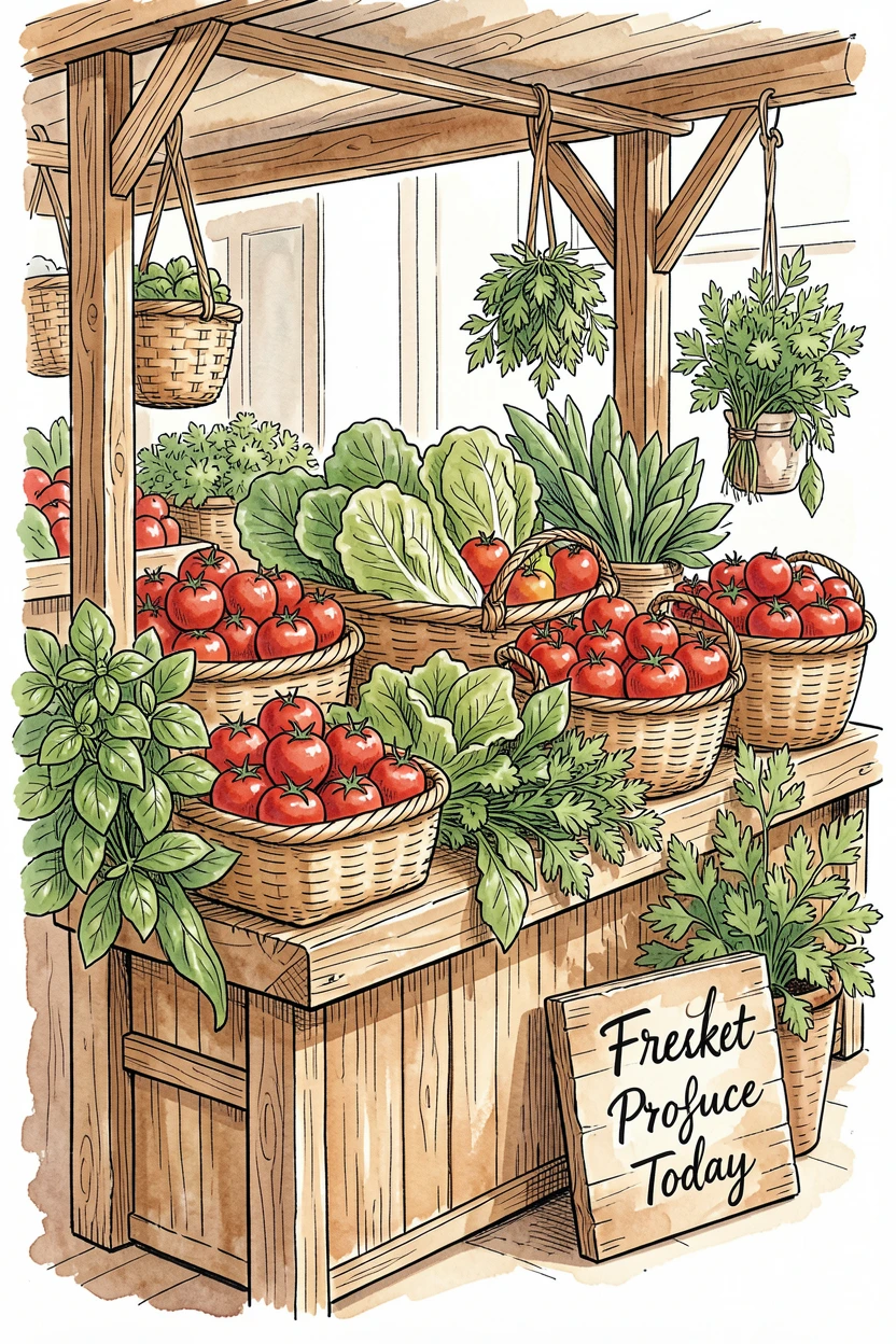 A market stall overflowing with fresh vegetables, herbs, and baskets of ripe tomatoes