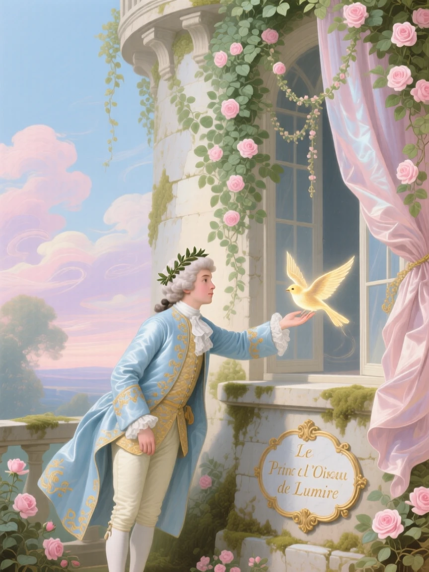 A prince rescuing a glowing bird from an ivy-covered tower  