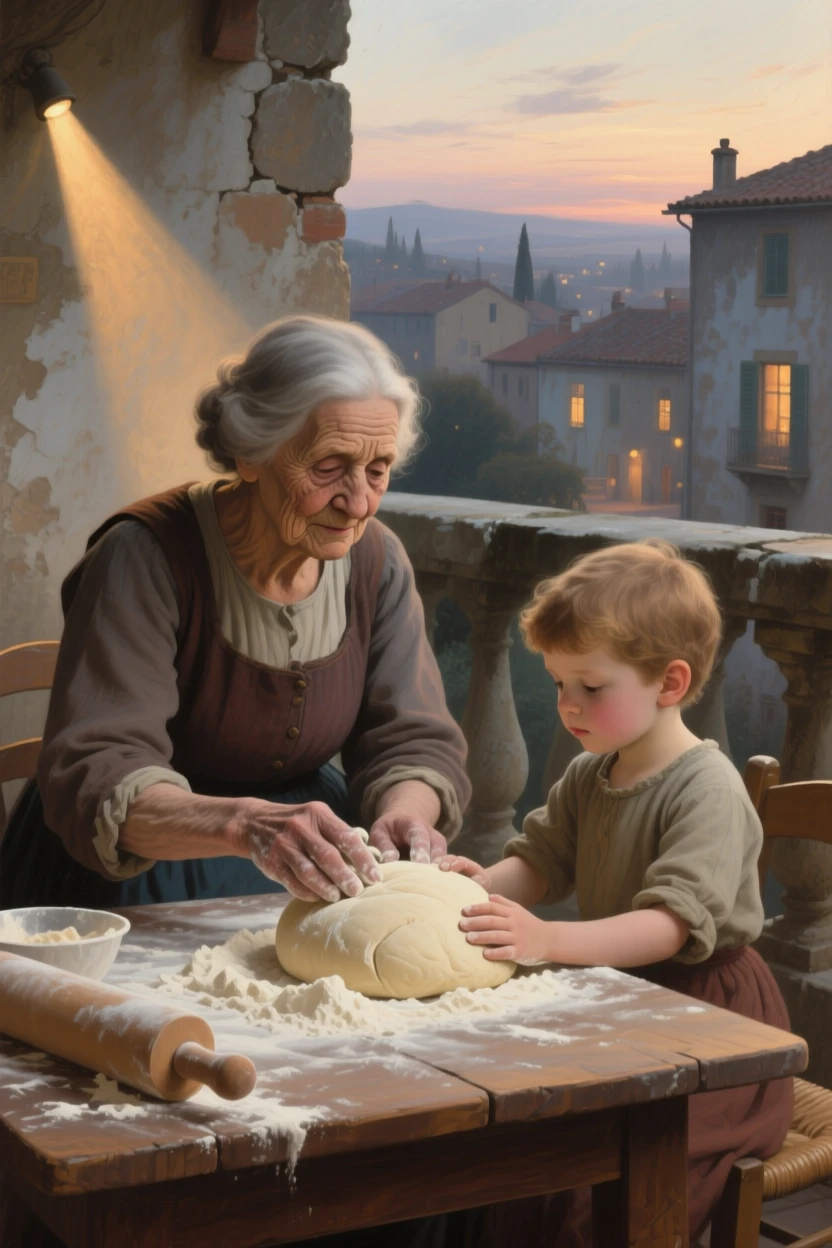 A grandmother teaching a child to knead bread dough captured in a quiet, introspective moment, set on a stone balcony overlooking a quiet town at dusk, with a single shaft of light illuminating an expressive face; the hands are given equal storytelling weight alongside the face, evoking tenderness, memory, and unspoken emotion.