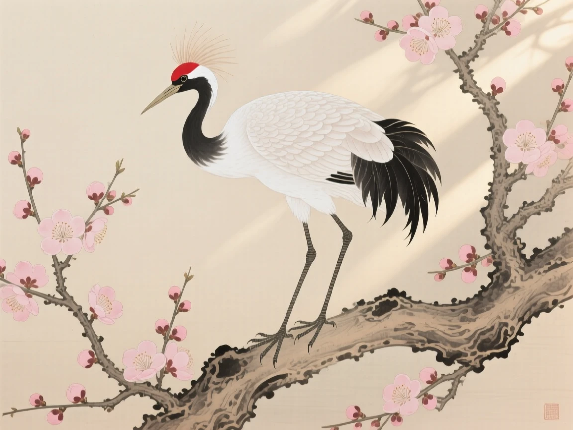 A crested crane perched on a blossoming plum branch, soft morning light filtering through the branches