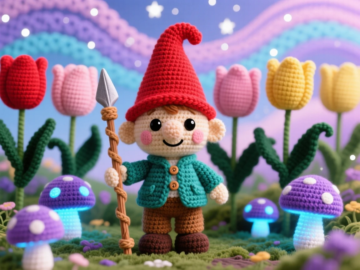 In an enchanted garden blooming with oversized flowers, a tiny garden gnome guard with a tiny wooden spear is captured standing watch over a row of tulips, surrounded by a cluster of luminous mushrooms, filled with dreamy tranquility under a magical sky.
