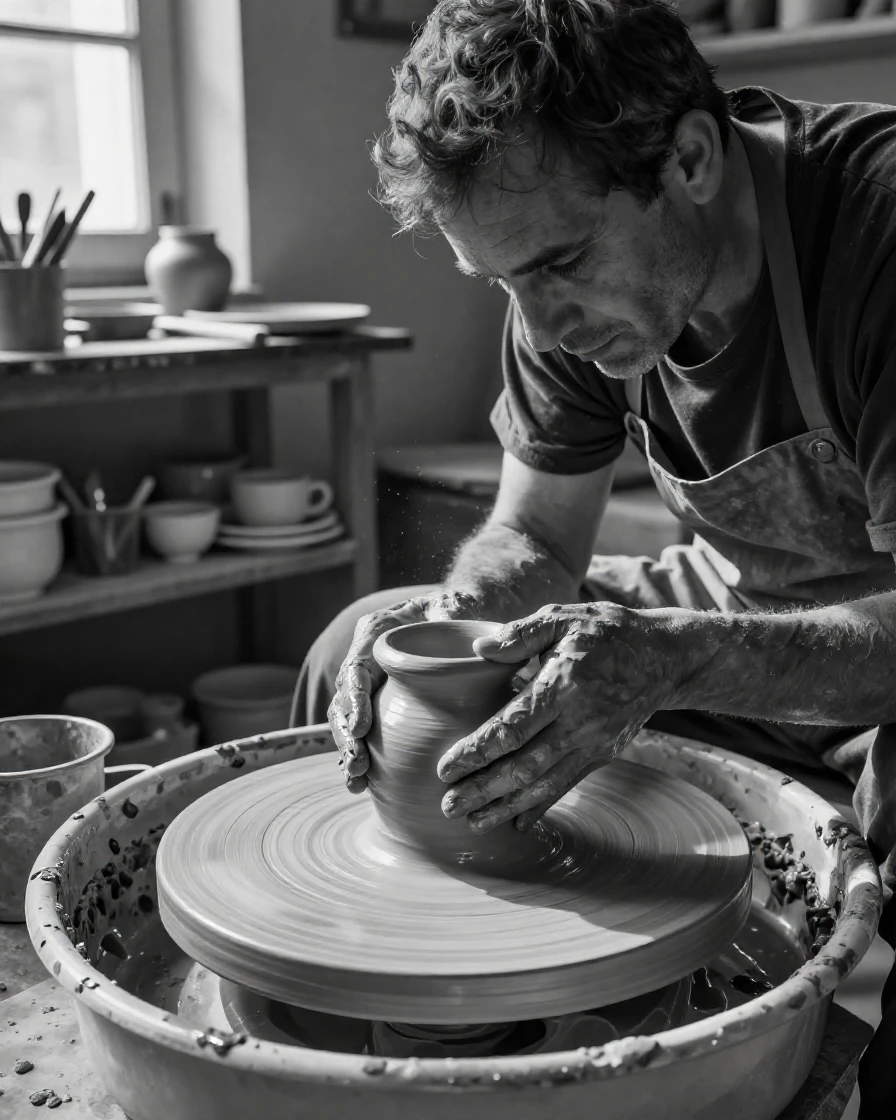 A potter shapes wet clay on a spinning wheel in a dusty pottery studio.