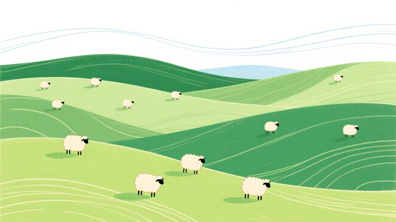 Rolling green hills dotted with grazing sheep.