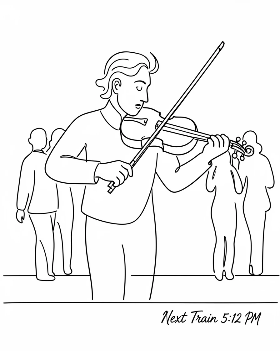 A busker playing a fiddle on a train platform during rush hour