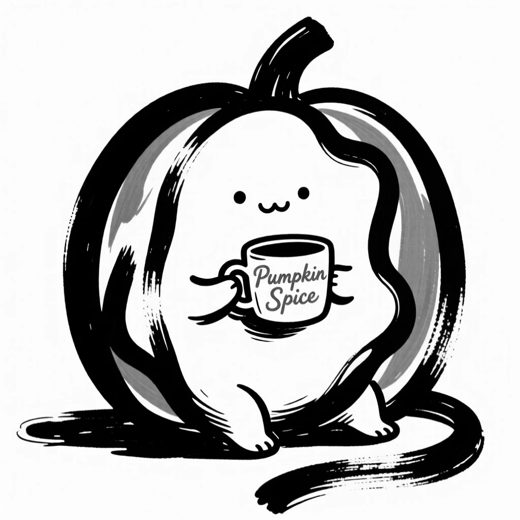 A small round pumpkin-spice-colored creature sipping from a tiny mug.