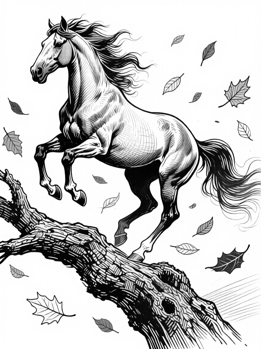 A galloping wild horse atop a weathered tree branch, surrounded by falling leaves, capturing a fierce yet graceful moment in nature with a strong, centered focal point.