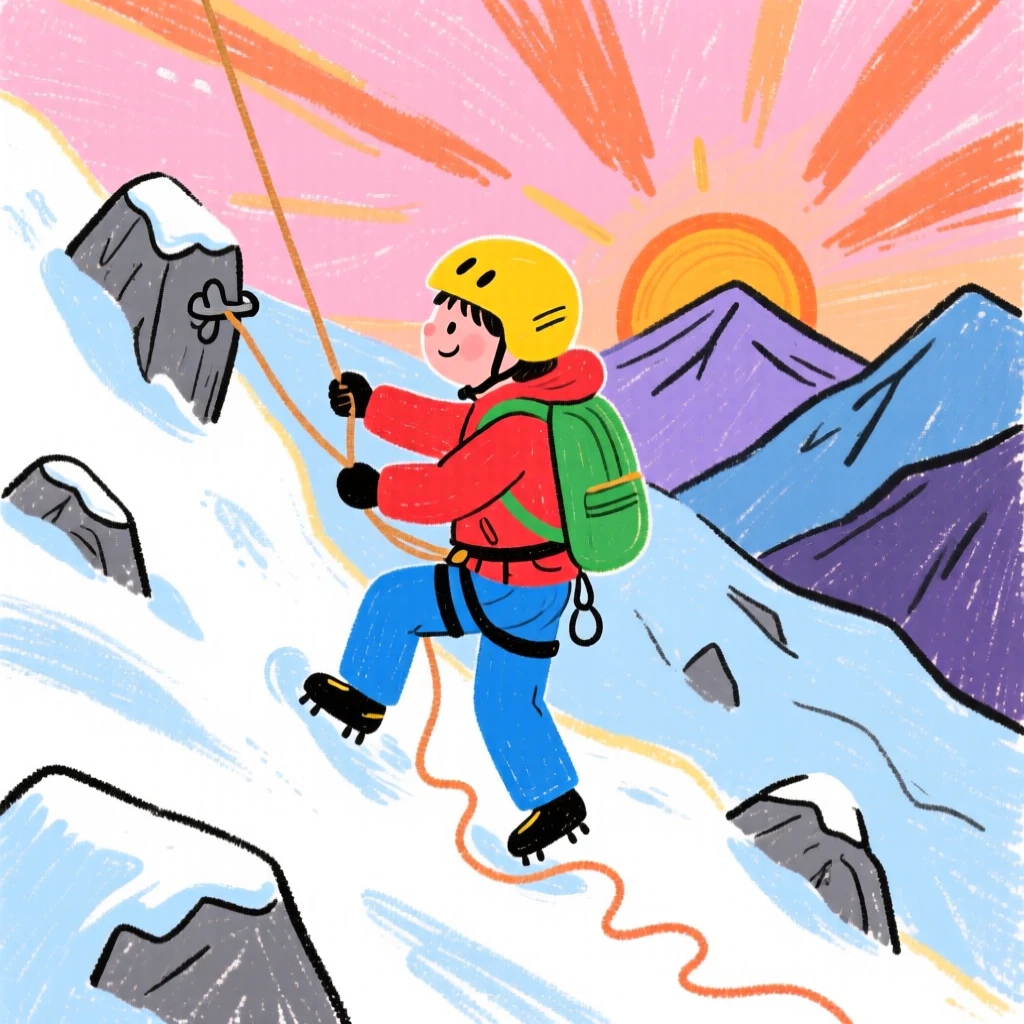 A rock climber crossing a snowy alpine ridge at sunrise.