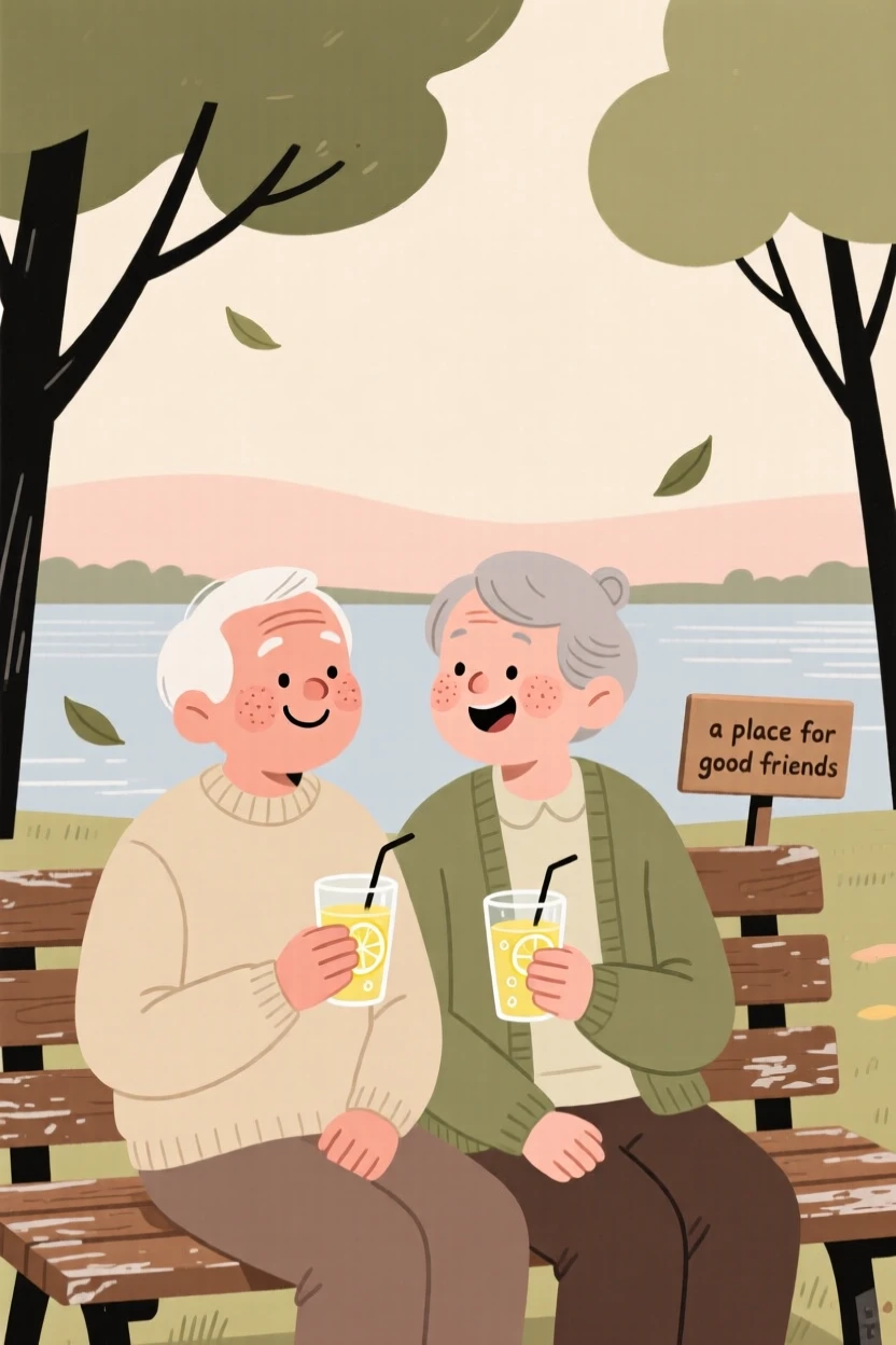 Two old friends sit on a weathered park bench overlooking the quiet lake, sharing glasses of lemonade and easy laughter as a gentle breeze stirs the trees.