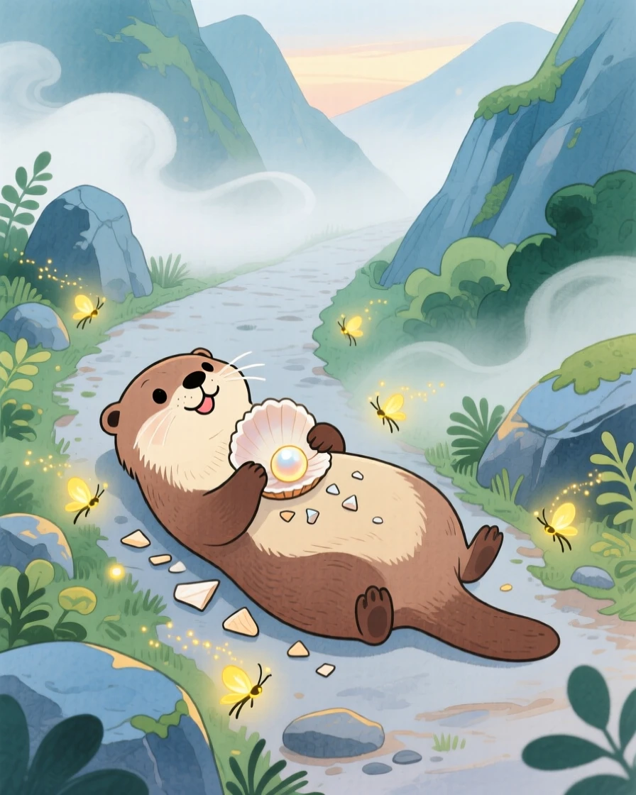A playful otter cracking a shell on its belly discovering something new in a misty mountain trail as fireflies begin to glow.