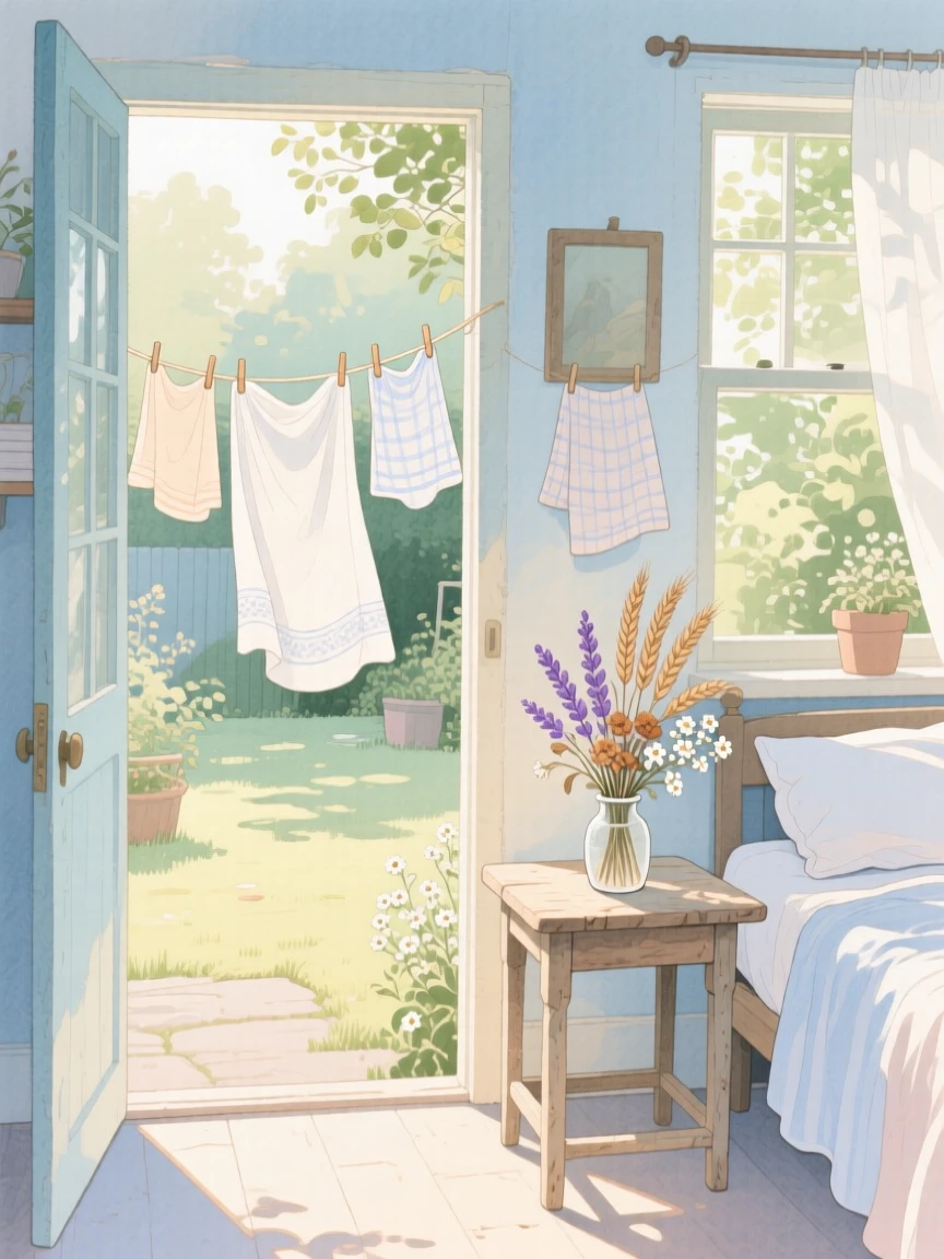 A sunlit laundry room with fresh linens drying on a line strung across the yard, with dried flowers tucked into a small vase, capturing the quiet beauty of everyday rituals.