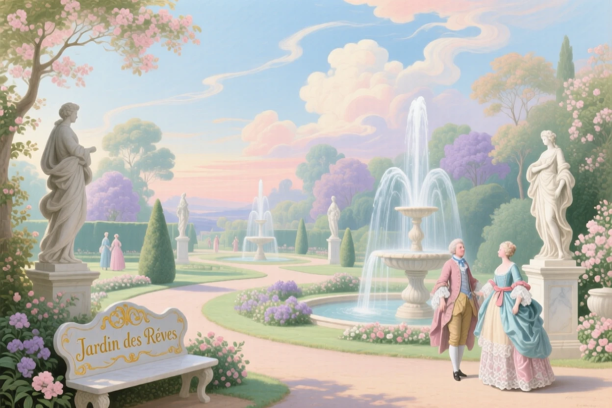 A royal garden where fountains rise into the air and become clouds  