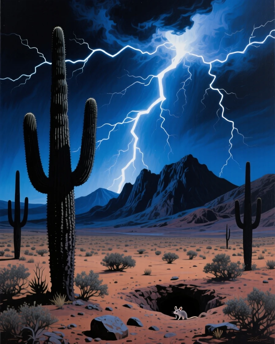A dramatic lightning storm illuminates the night sky over the desert near Tucson, saguaro cacti silhouetted against jagged white bolts striking distant mountains, a sense of vast scale emphasized by tiny details that anchor the eye at the edges of the frame.