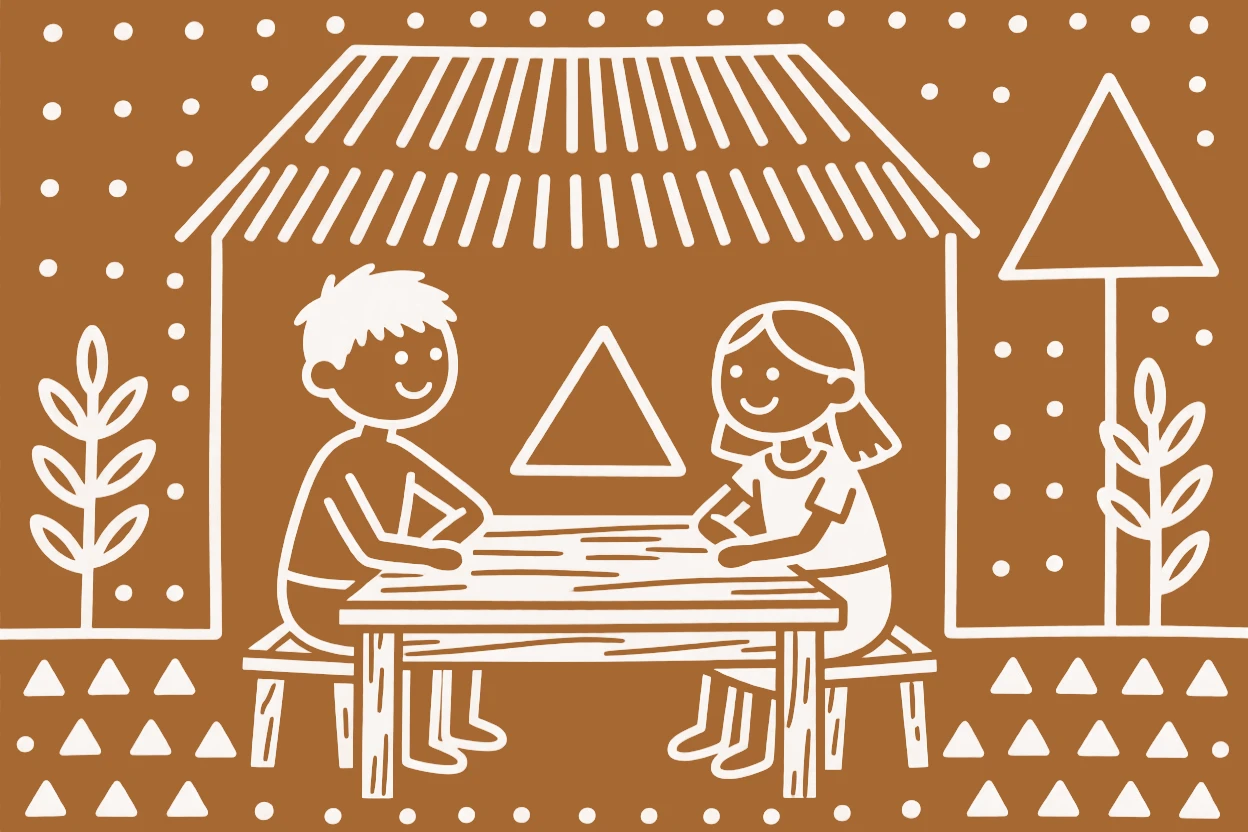 Two childhood friends posing together for a family portrait at a simple wooden dining table.