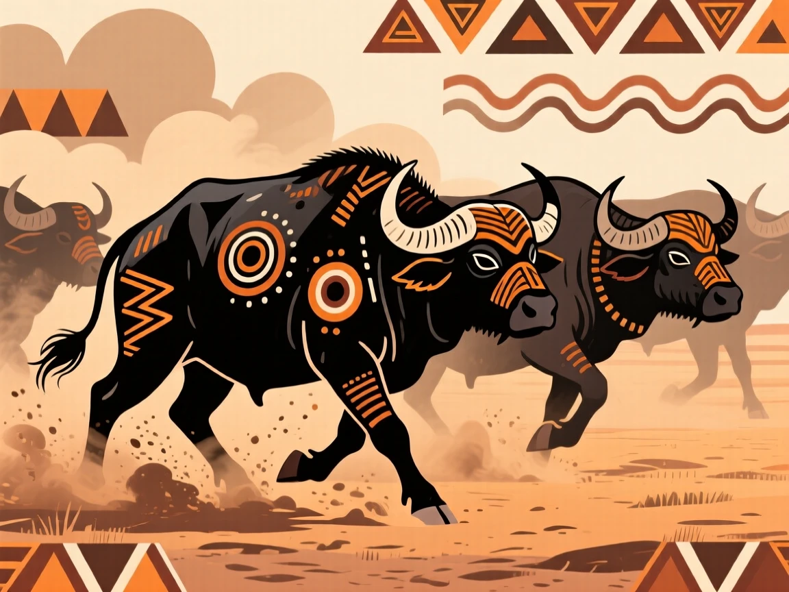 A herd of buffalo kicking up dust on the plain.