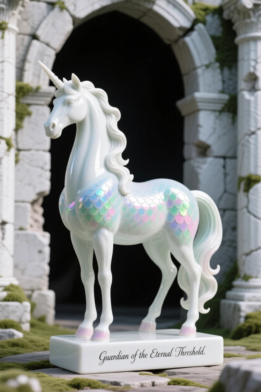 A majestic unicorn guarding the entrance to an ancient ruin, scales shimmering with iridescent color.